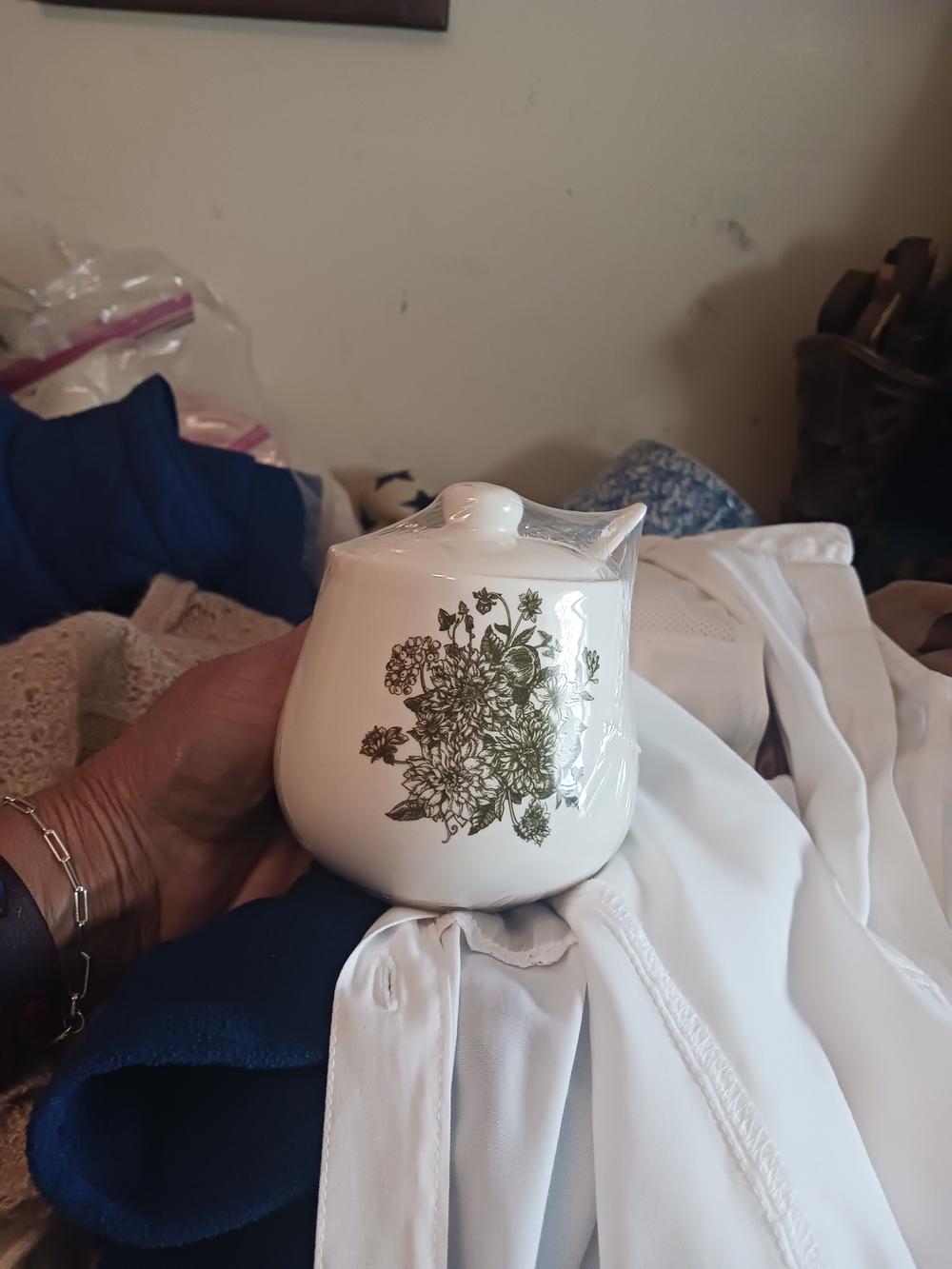 White Ceramic Sugar Bowl with Green Floral Design
